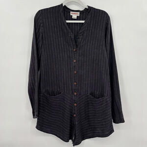 Women's Solitaire Pencil Stripe Linen Button Front Tunic Aged Black Woven Top Sm